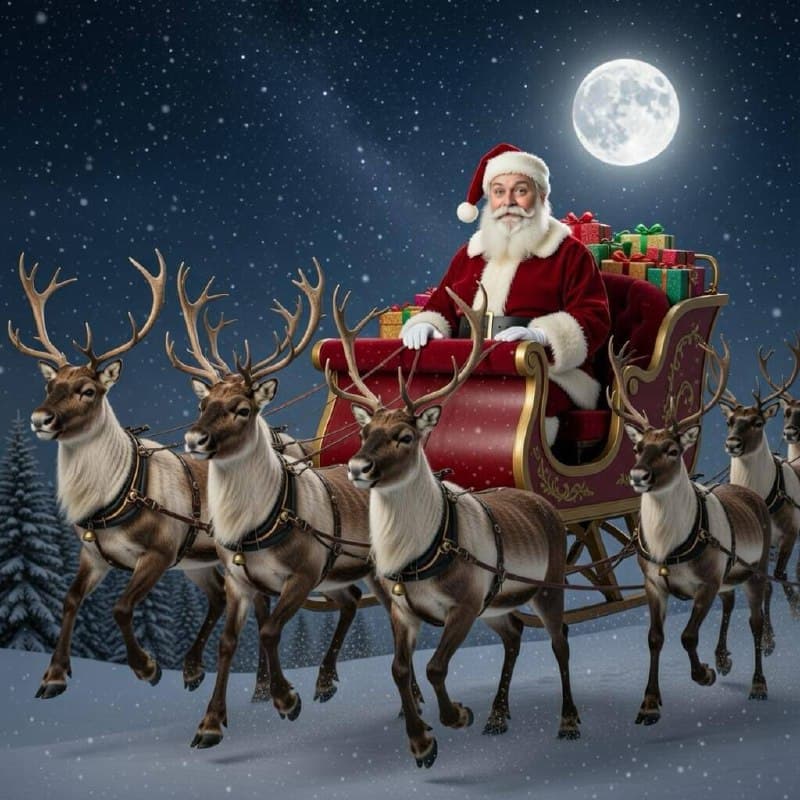 Santa Clause with his reindeer and sleigh